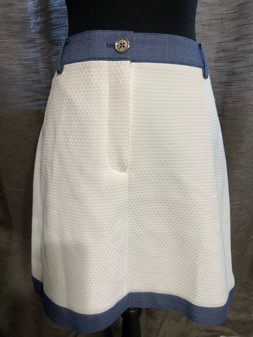 Tommy Hilfiger White Textured A-Line Skirt with Navy Trim